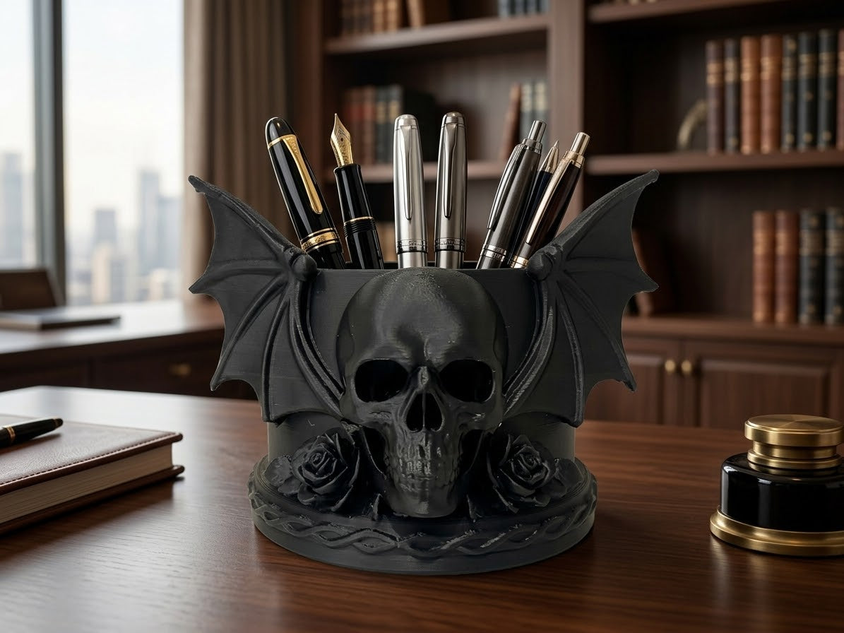 Maceta de calavera gótica con rosa