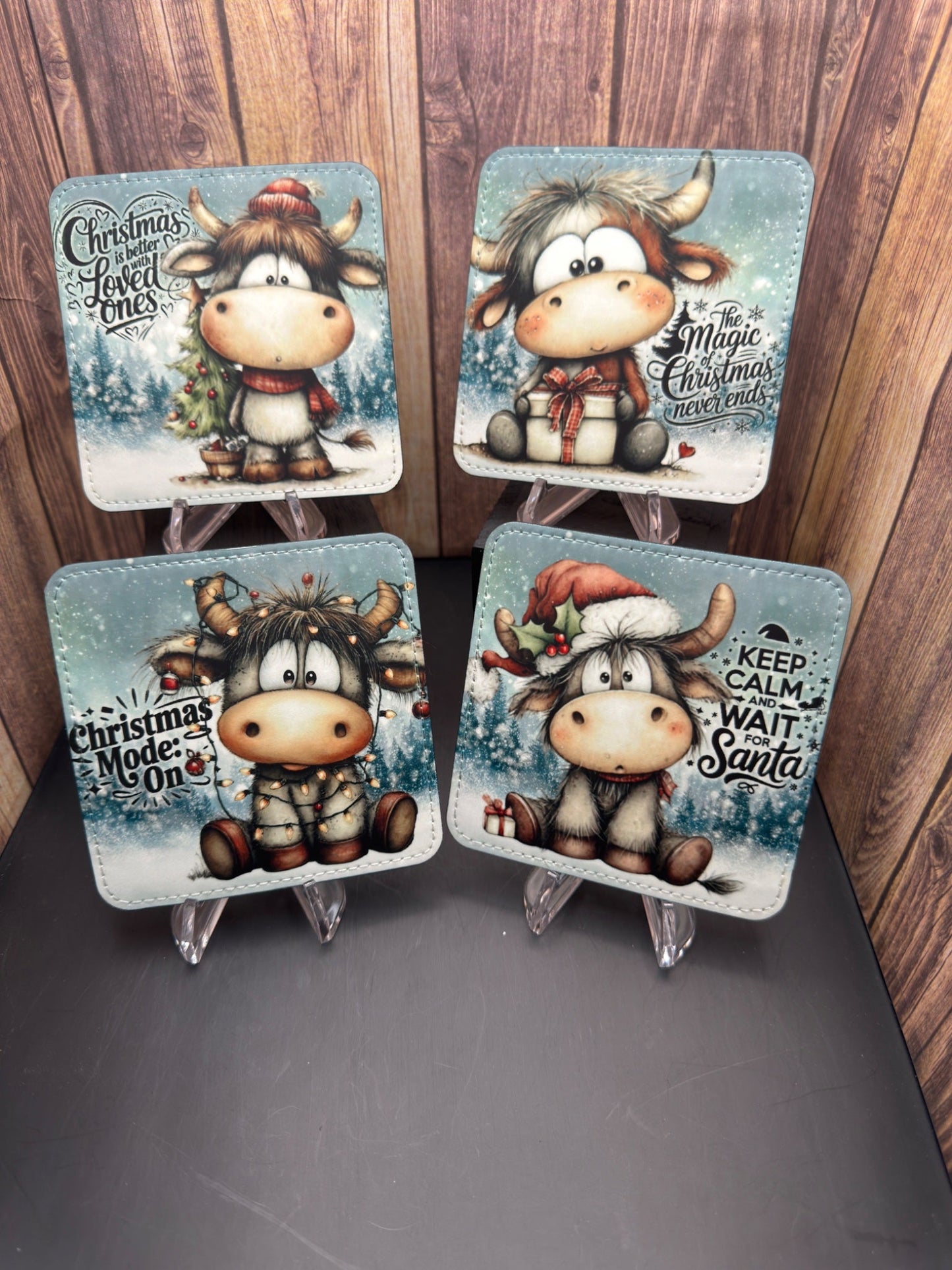 Coaster(Leather) - Xmas Blue Cows - Create Marketplace