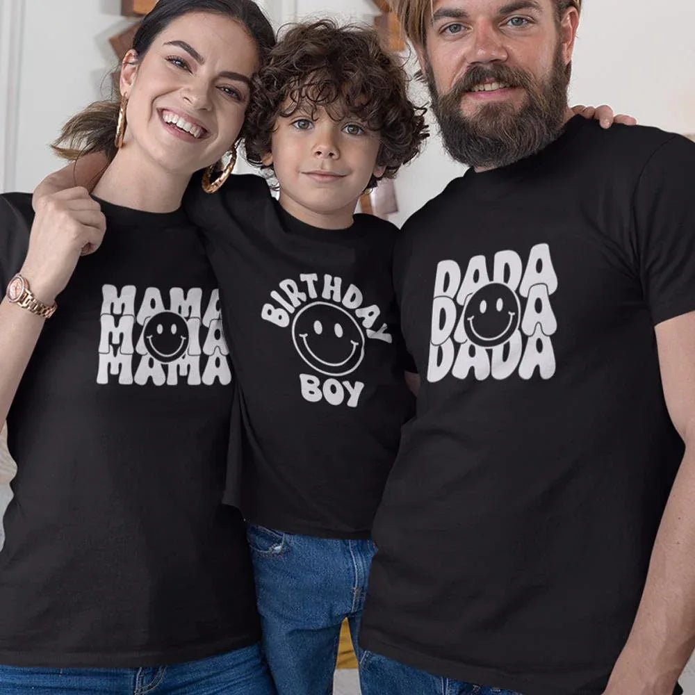 Dada Mama And Birthday Boy Smiley Matching Organic Cotton T-Shirts Family Set (Set of 3) - Create Marketplace