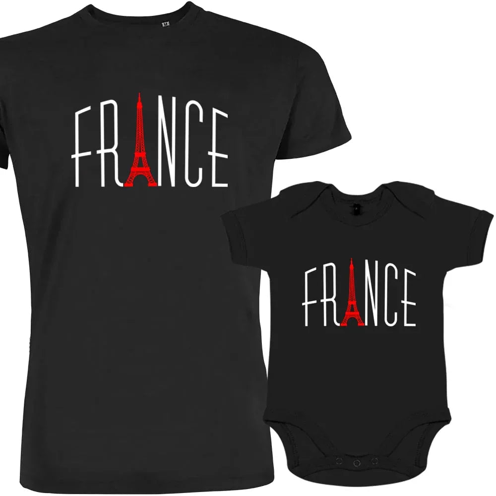 France With Red Eiffel Tower Dad and Child Organic Cotton family Set (Set of 2) - Create Marketplace