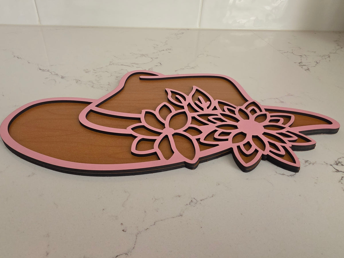 Pink Floral Cowgirl Hat Wall Art | Layered Wood Western Decor Plaque
