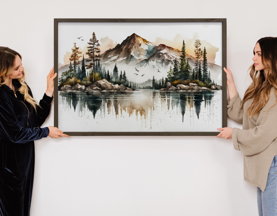 24x36 Mountainscape Reflection - Watercolor Canvas Art