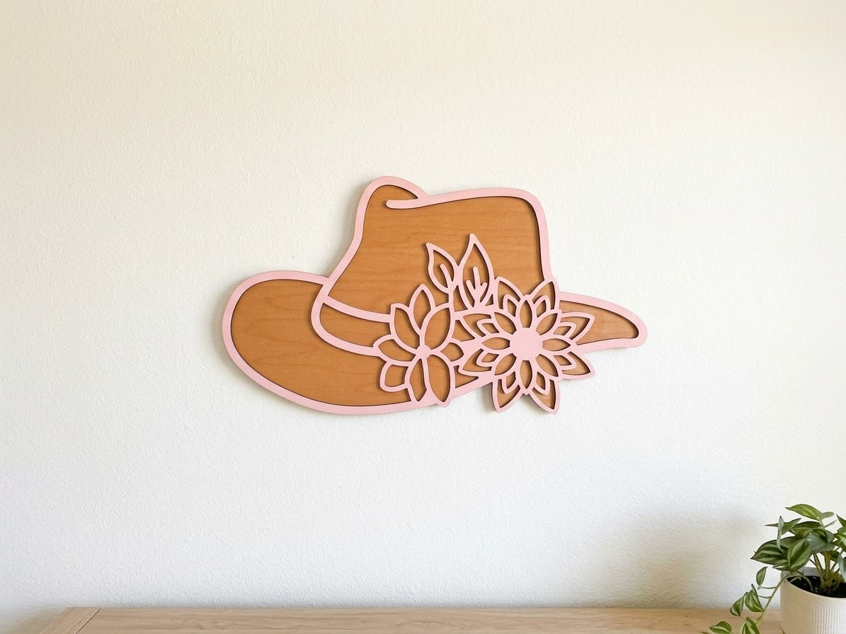 Pink Floral Cowgirl Hat Wall Art | Layered Wood Western Decor Plaque