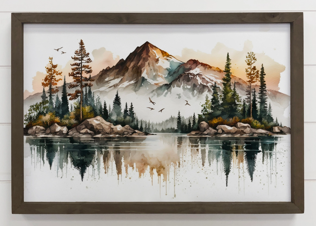 12x18 Berglandschap Reflectie Landschap Aquarel Canvas Kunst