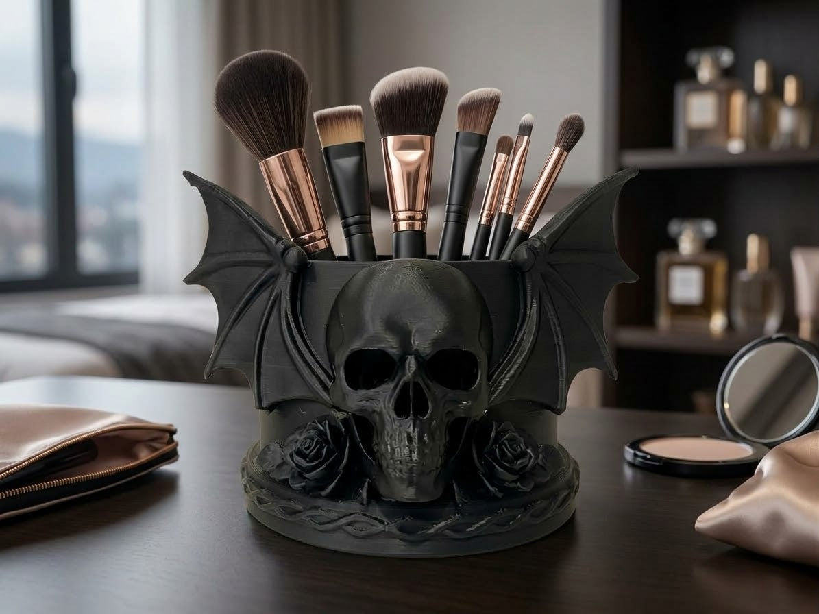 Maceta de calavera gótica con rosa
