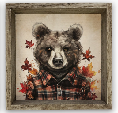 6x6 Herfst Flanel Dieren Canvas Houten Lijst - Beer