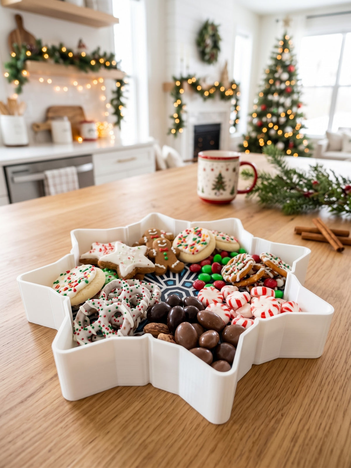 Plato para servir de copo de nieve invernal y cuenco para caramelos navideños