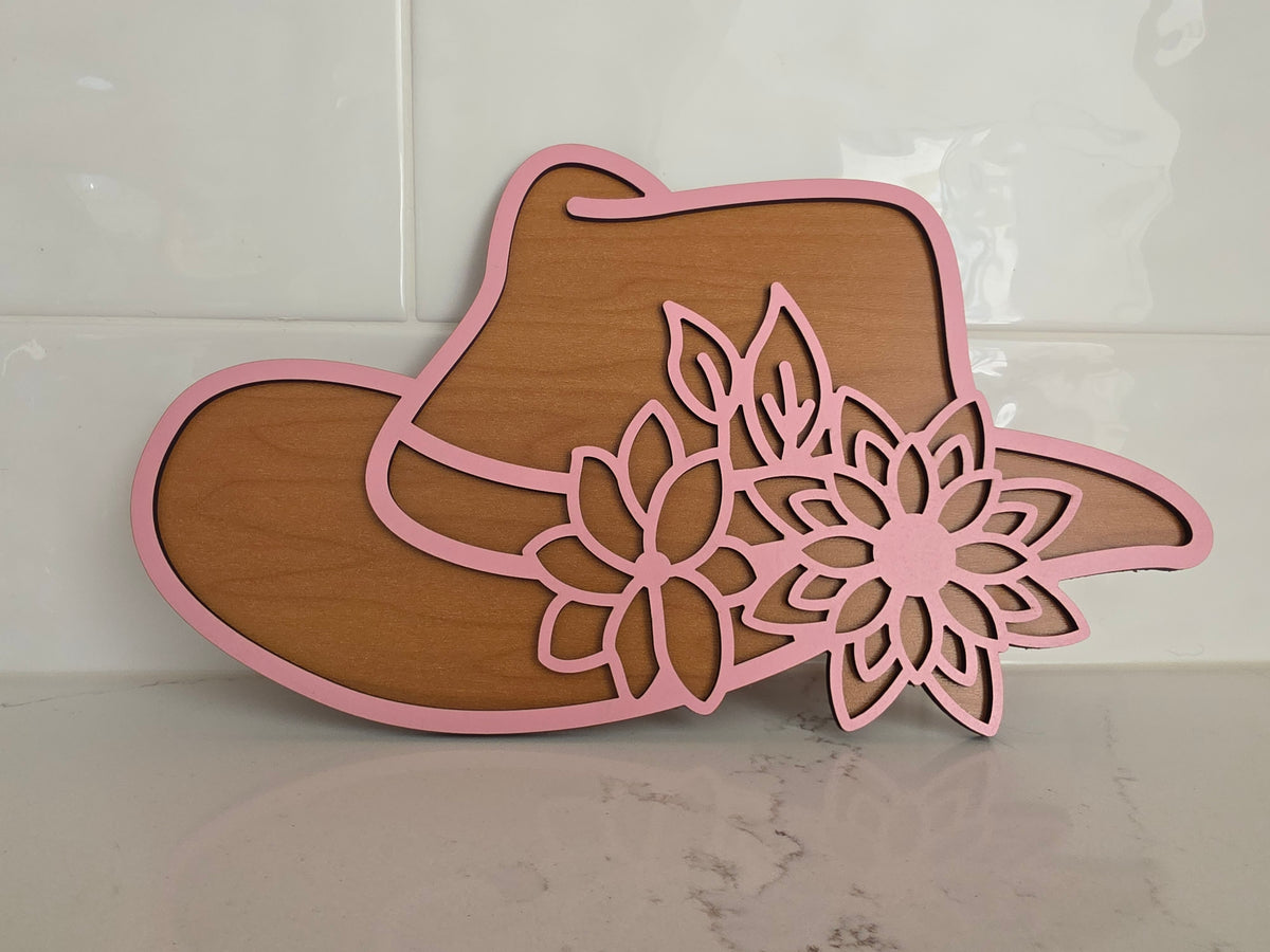 Pink Floral Cowgirl Hat Wall Art | Layered Wood Western Decor Plaque