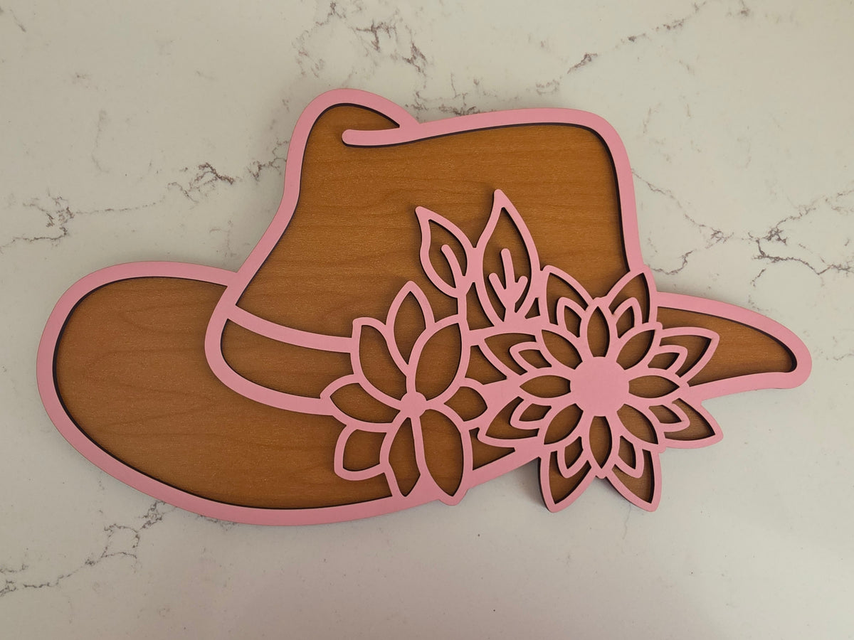 Pink Floral Cowgirl Hat Wall Art | Layered Wood Western Decor Plaque