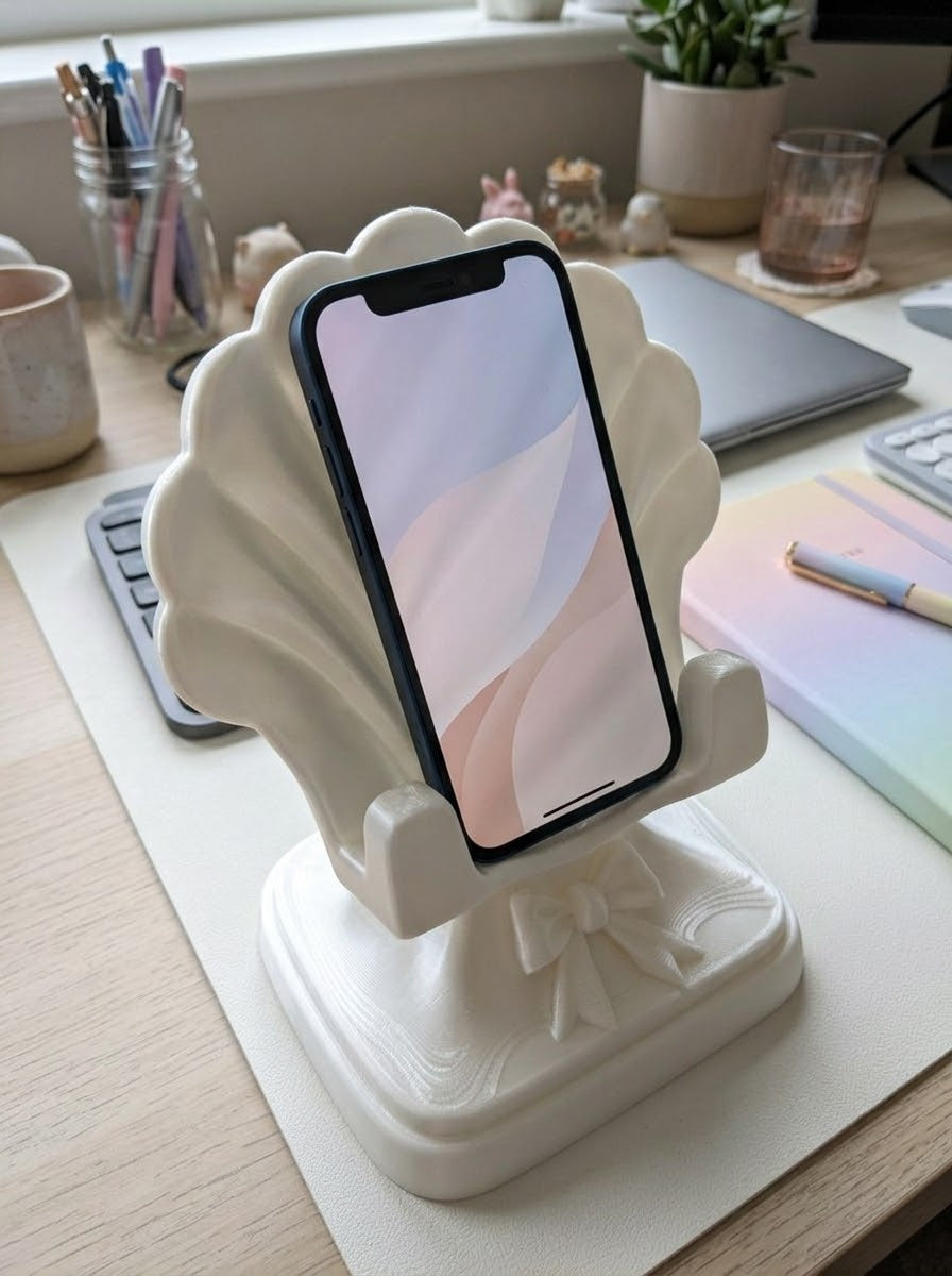 Soporte para teléfono en forma de concha con lazo impreso en 3D