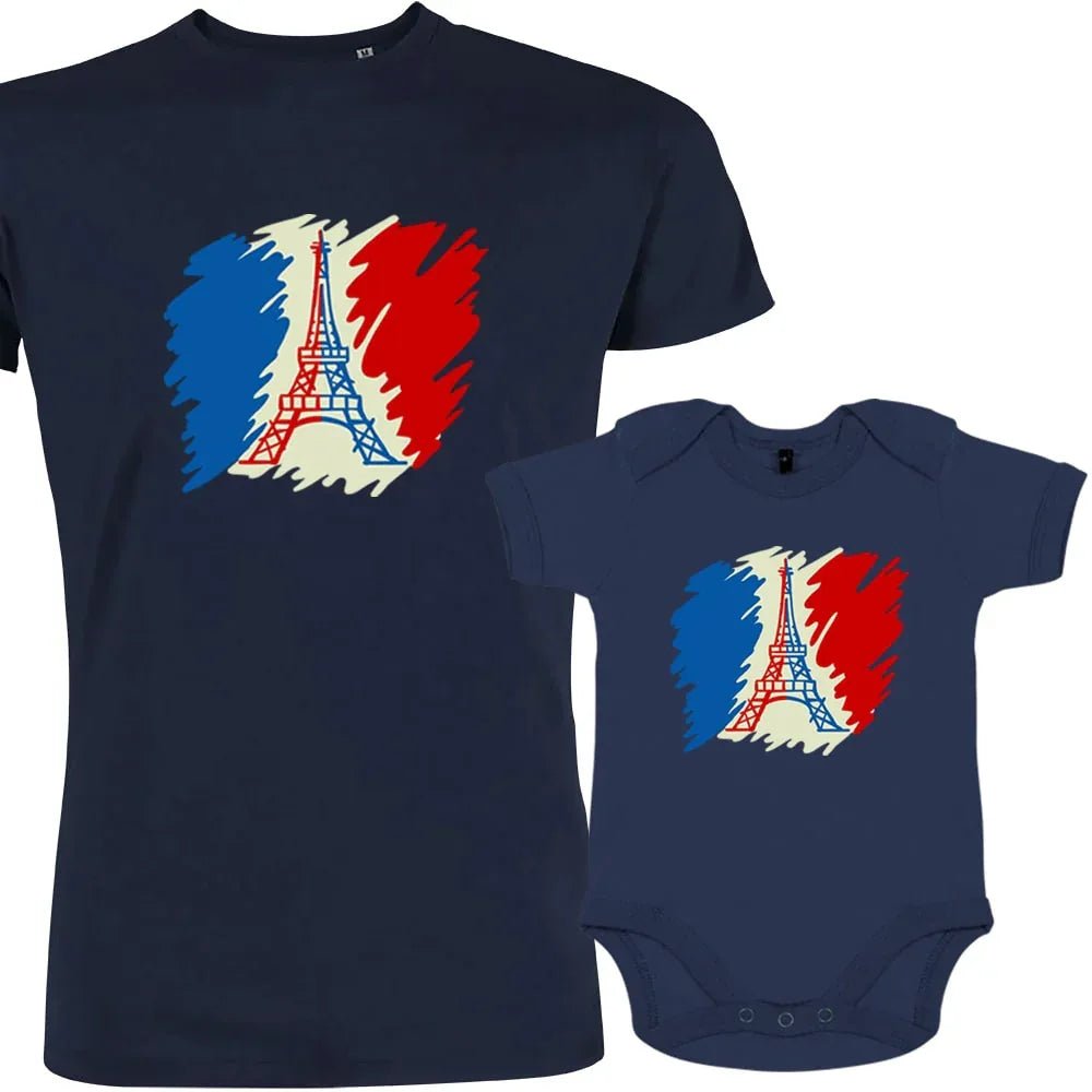 Brushed French Flag with Eiffel Tower Dad and Child Organic Cotton family Set (Set of 2) - Create Marketplace