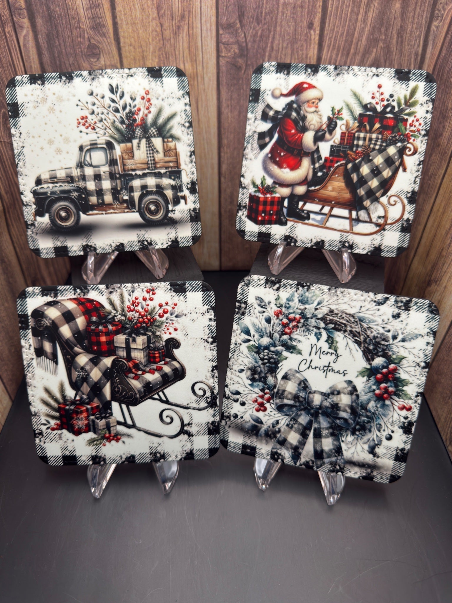 Coaster(Leather) - Xmas B&W Plaid - Create Marketplace