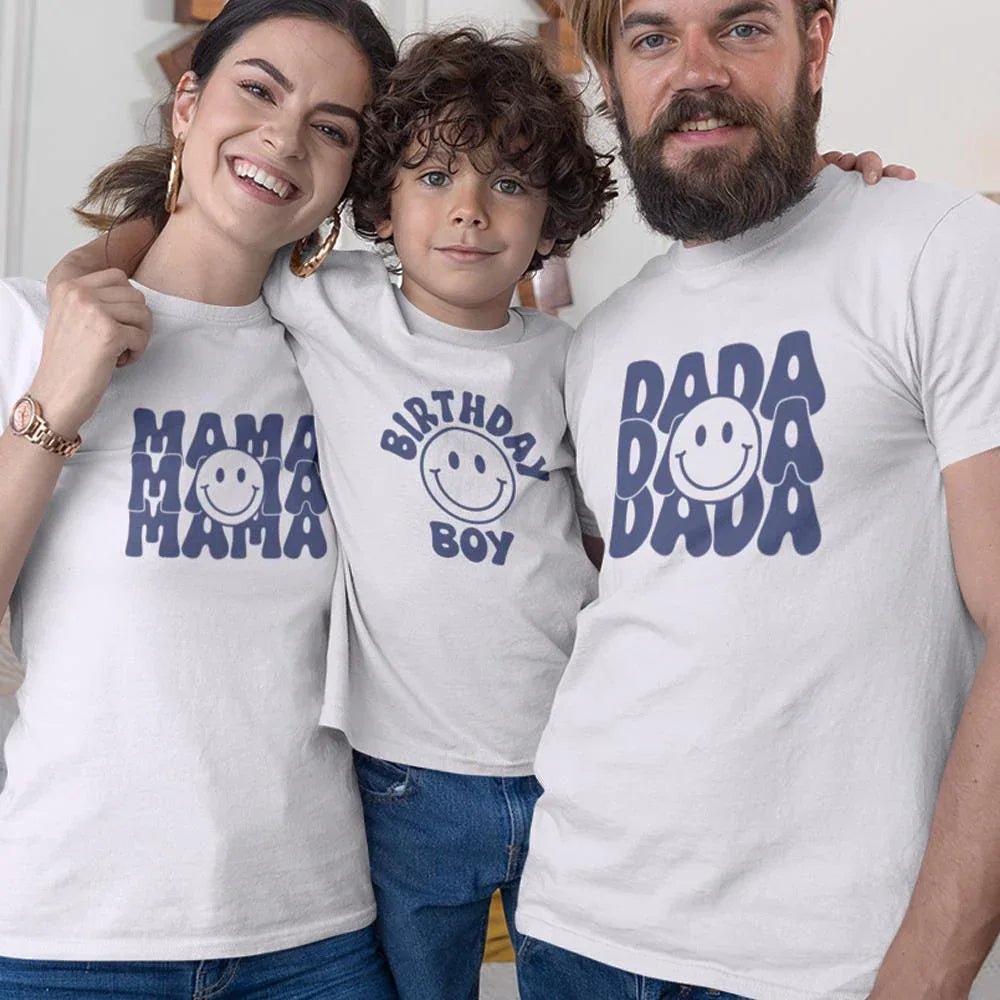Dada Mama And Birthday Boy Smiley Matching Organic Cotton T-Shirts Family Set (Set of 3) - Create Marketplace
