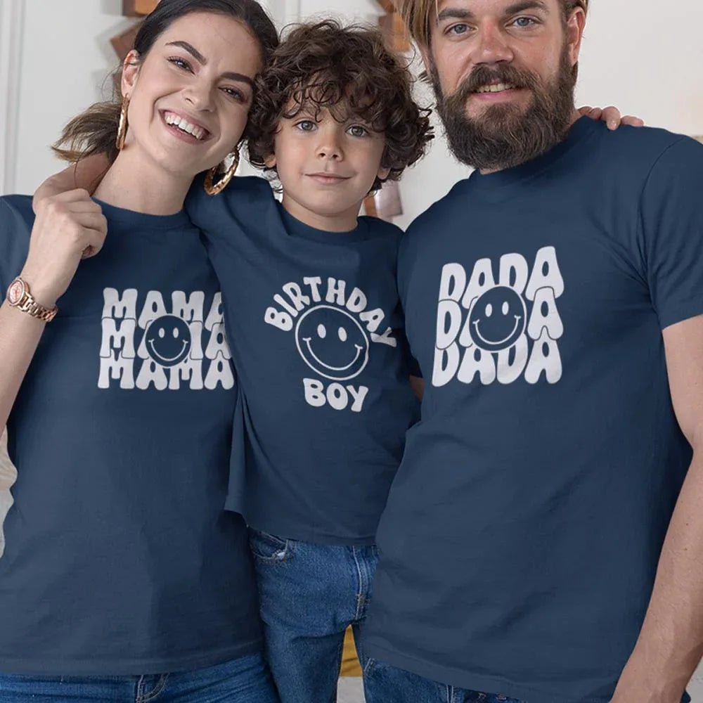 Dada Mama And Birthday Boy Smiley Matching Organic Cotton T-Shirts Family Set (Set of 3) - Create Marketplace