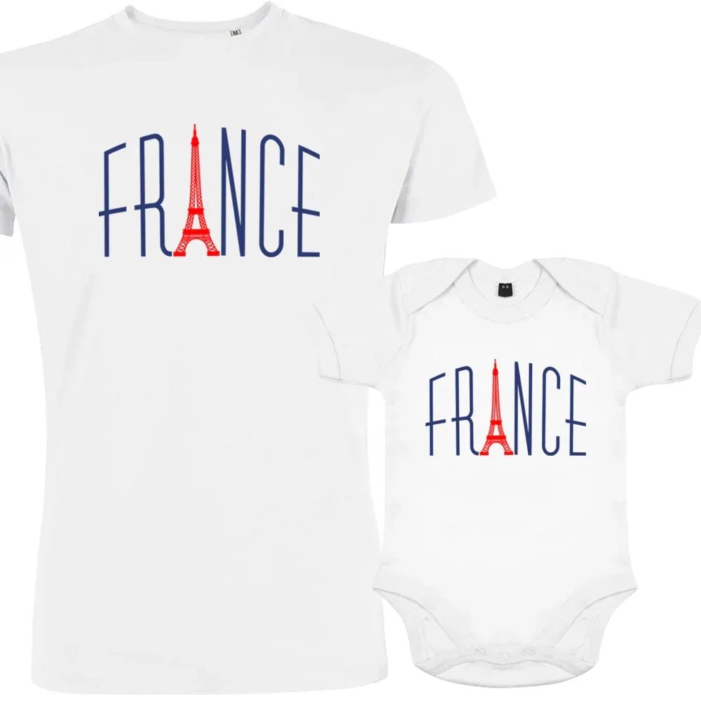France With Red Eiffel Tower Dad and Child Organic Cotton family Set (Set of 2) - Create Marketplace