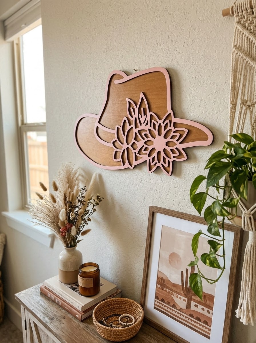 Pink Floral Cowgirl Hat Wall Art | Layered Wood Western Decor Plaque