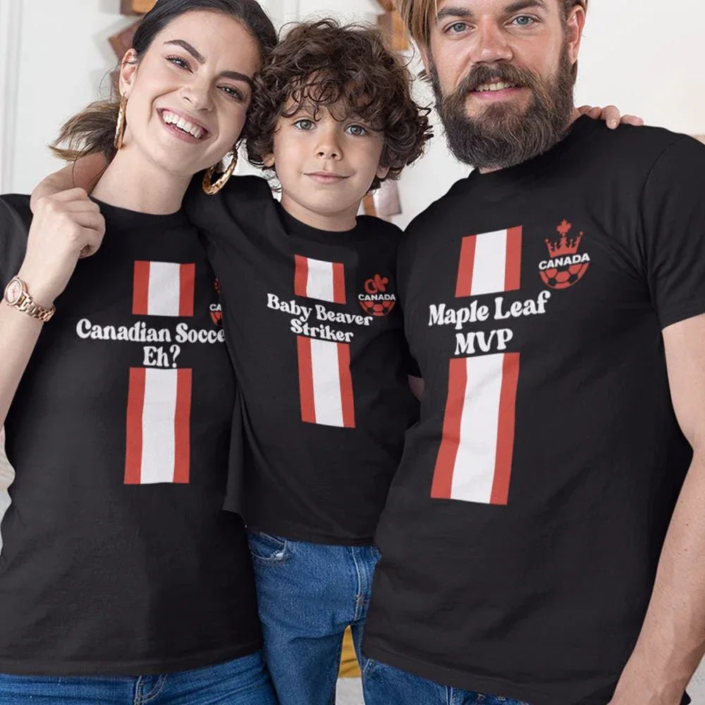 Maple Leaf MVP, Canadian Soccer, Eh? Baby Beaver Striker Dad Mom and Kid Matching Organic Cotton T-Shirts Family Set (Set of 3) - Create Marketplace