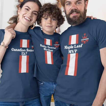 Maple Leaf MVP, Canadian Soccer, Eh? Baby Beaver Striker Dad Mom and Kid Matching Organic Cotton T-Shirts Family Set (Set of 3) - Create Marketplace
