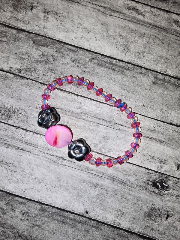 Pink Mother of Pearl with Black Flowers Bracelet - made by kid Sam - Create Marketplace