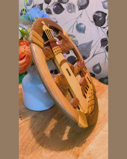 Circular Wooden Lighthouse Scene | Nautical Wall Art