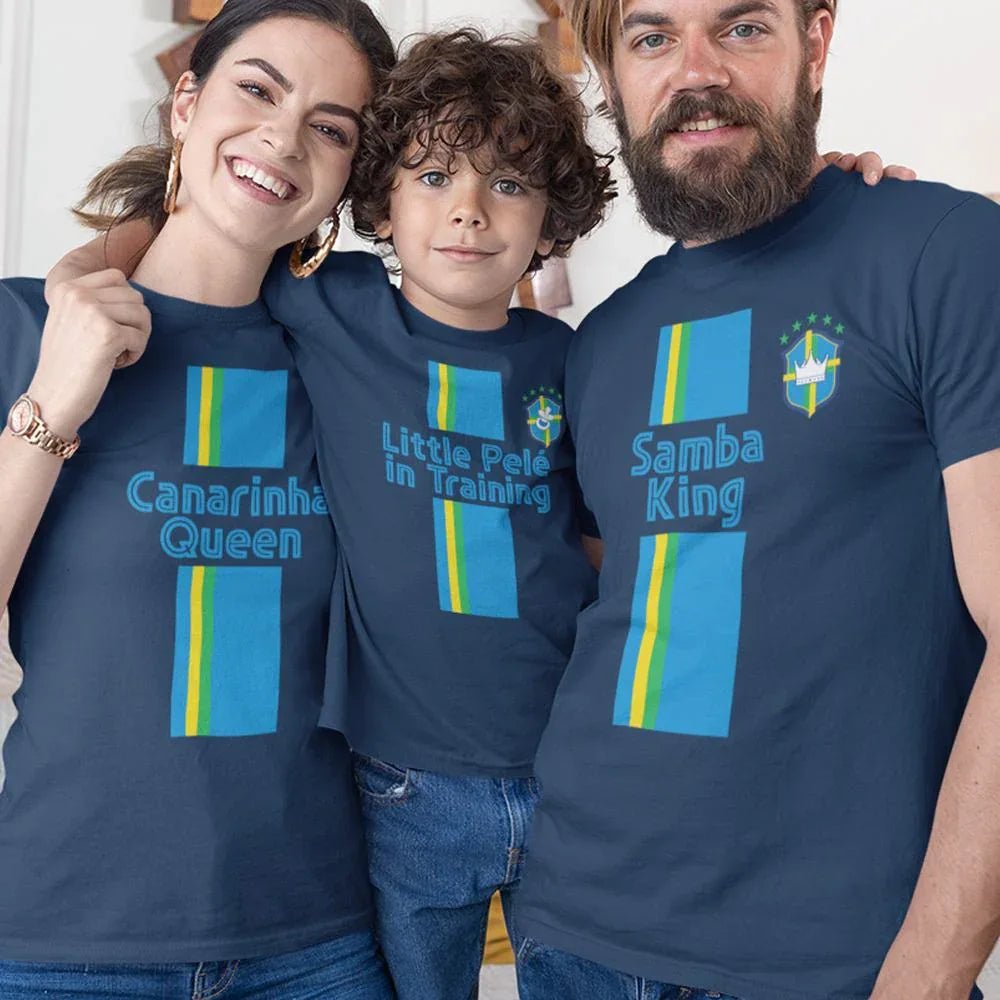 Samba king, Canarinha Queen, Little Pelé In Training Dad Mom and Kid Matching Organic Cotton T-Shirts Family Set (Set of 3) - Create Marketplace