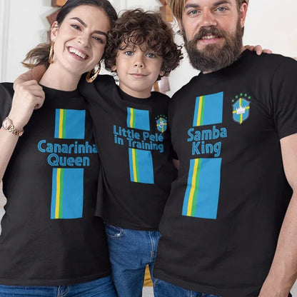 Samba king, Canarinha Queen, Little Pelé In Training Dad Mom and Kid Matching Organic Cotton T-Shirts Family Set (Set of 3) - Create Marketplace