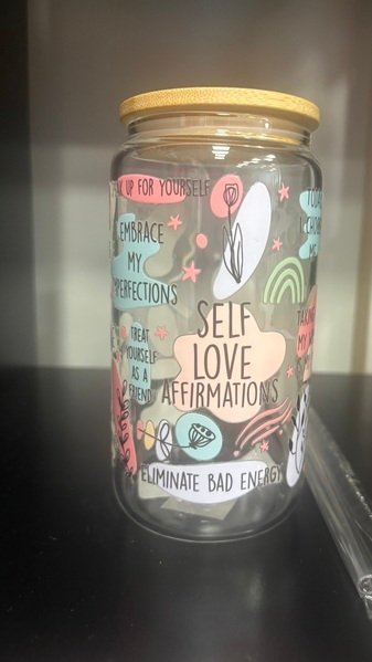 Self love affirmation glass tumbler - Create Marketplace