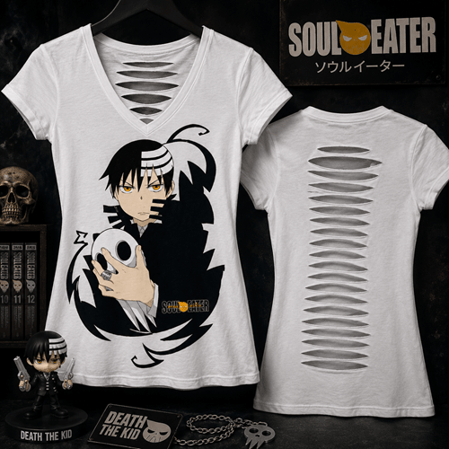 SOUL EATER DEATH THE KID STARE JUNIORS V-NECK LASER CUT BACK T-SHIRT - Create Marketplace
