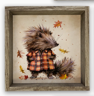 6x6 Herfstflanellen dieren-canvas met houten lijst - Varkensstekelvarken